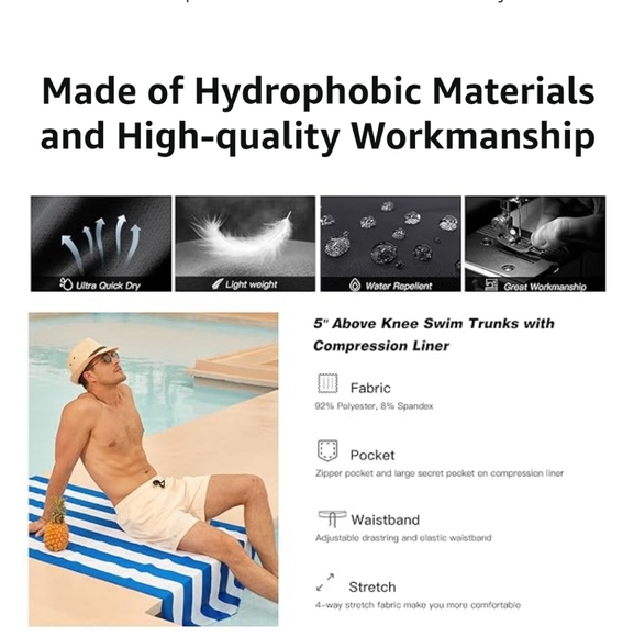 BRISIRA Compression Liner 5 Inch Inseam Swim Trunks in Black w Anchors Size M - Picture 10 of 10